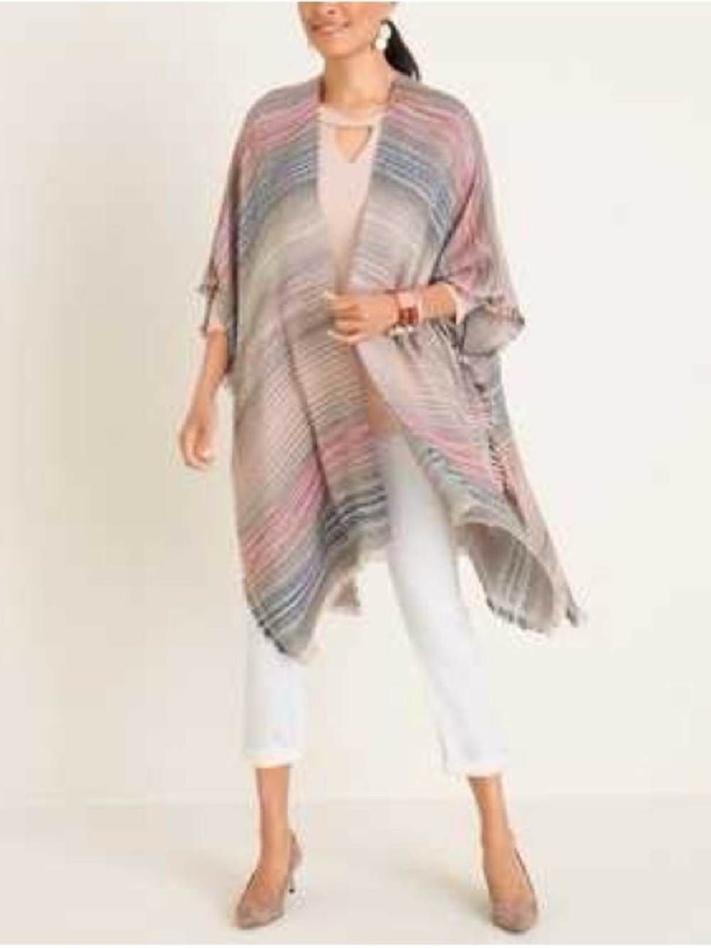 Chico's Multi-Color Metallic Striped Kimono Wrap Poncho One Size